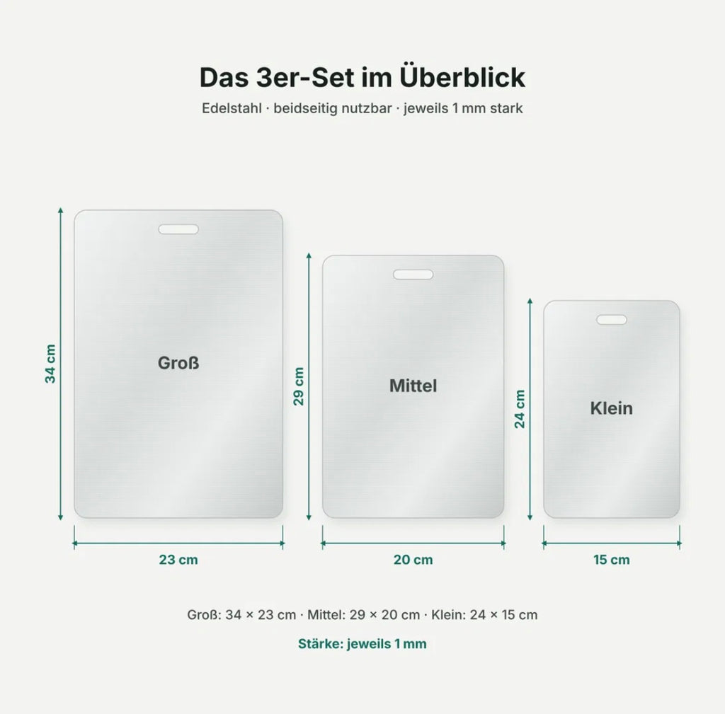 Maße des 3er-Sets: 34 × 23 cm, 29 × 20 cm und 24 × 15 cm, jeweils 1 mm stark