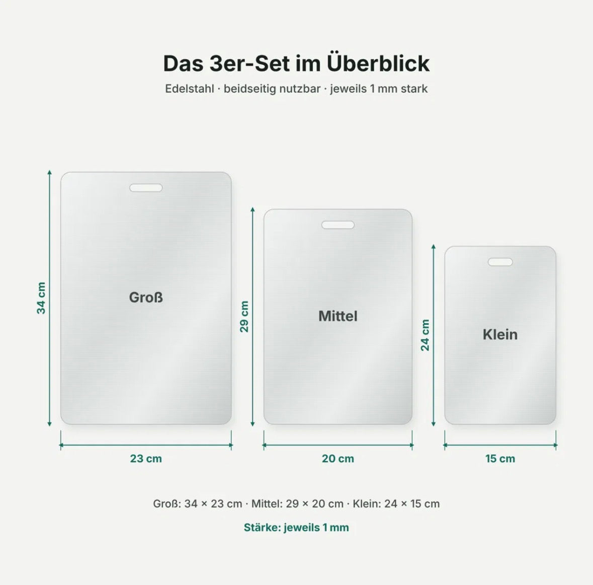 Maße des 3er-Sets: 34 × 23 cm, 29 × 20 cm und 24 × 15 cm, jeweils 1 mm stark
