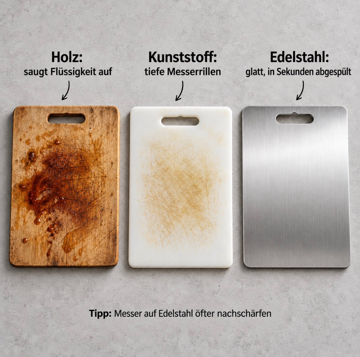 Vergleich Holz, Kunststoff und Edelstahl-Schneidebrett